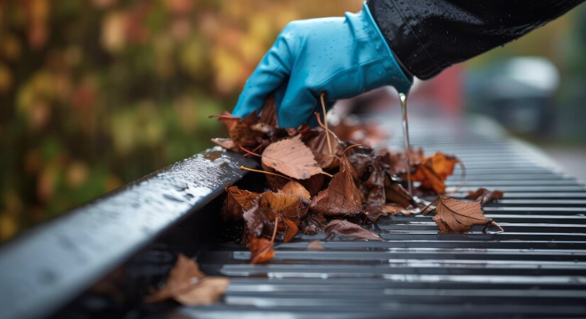 Neon Clean technician performing gutter cleaning at a business in Ventura, CA