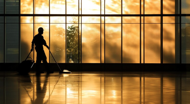 Cleaning high-traffic lobby floors in a ventura office building